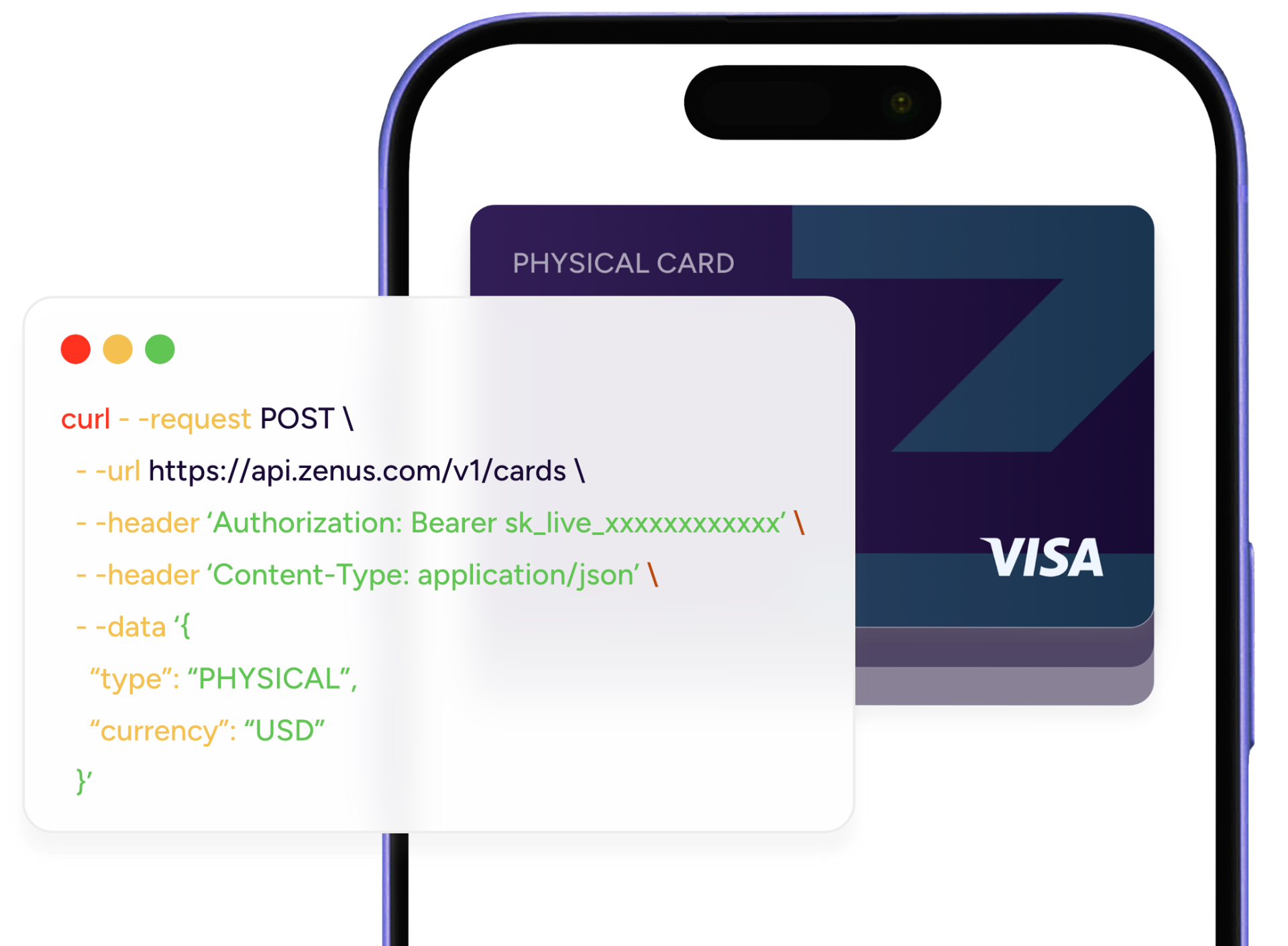 Phone displaying a physical Visa card with the Zenus cards API request