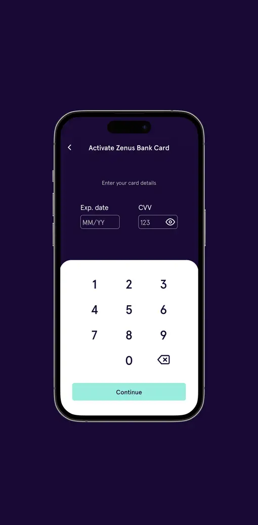 Zenus Bank Card Activate Screen Step 2
